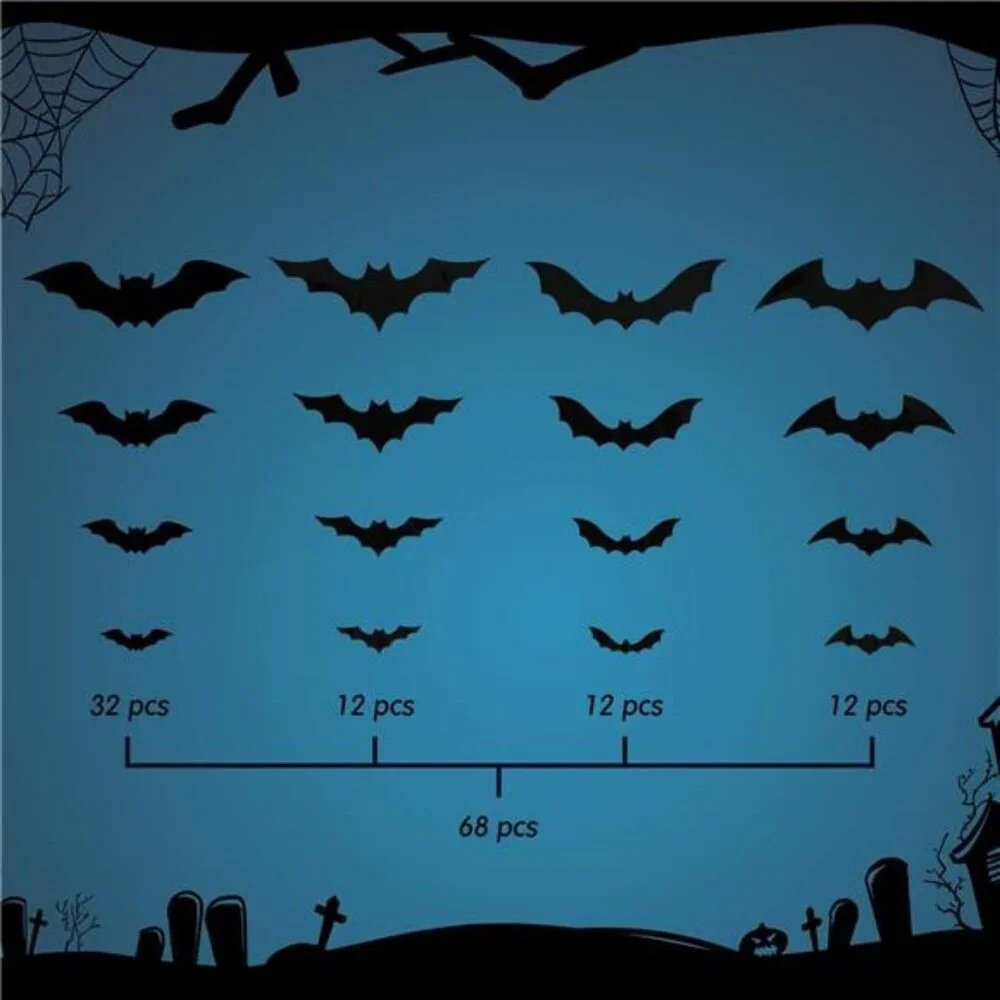 68Pcs Bat Wall Decor, Halloween Decorations 3D Bats Wall Decor Realistic PVC